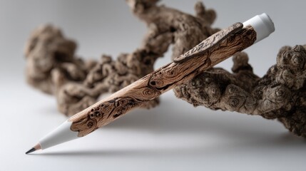 A high-quality pen with intricate wood grain design lies diagonally across a smooth wooden surface,