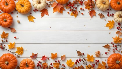 Festive Autumn Flat Lay with Pumpkins, Berries, and Leaves on White Wooden Background