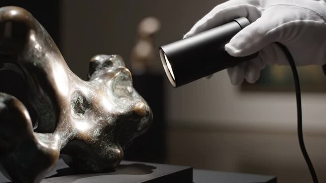 White gloved hand inspecting bronze sculpture with spotlight creating dramatic highlight and shadow, gallery lighting and closeup texture detail gloved hand inspecting bronze sculpture with