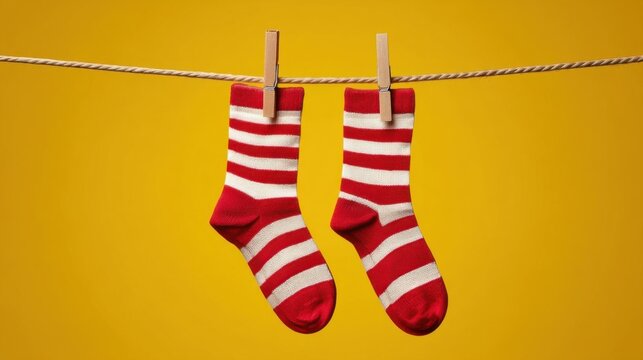 Two red and white striped socks hang from wooden clothespins on a yellow rope against a solid yellow background.