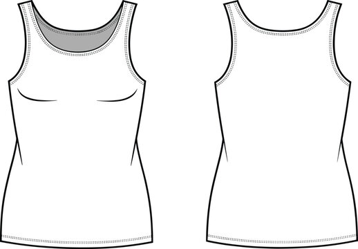 Sleeveless women&rsquo;s tank top technical sketch, front and back view, fashion template, garment design, apparel mockup, clothing illustration