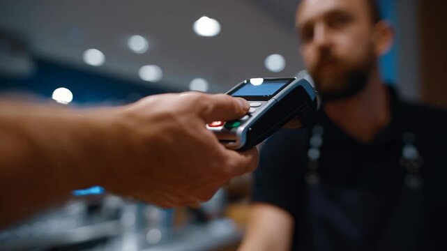 A customer makes a contactless payment at a bustling cafe in the city. The barista offers a warm smile while assisting the transaction. Other patrons enjoy their morning drinks