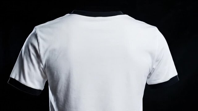 Blank white ringer t-shirt shown from the back perspective on a dark background, ideal for apparel design mockups and branding projects
