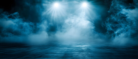 Dark street scene with neon lights and spotlights.