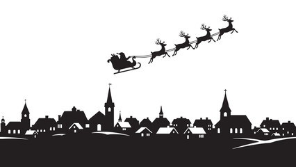 Santa Claus Flying Over Village Skyline Holiday Season Scene