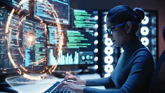 Focused person at multi-monitor workstation with glowing circular interface and green data charts in high-tech setting.