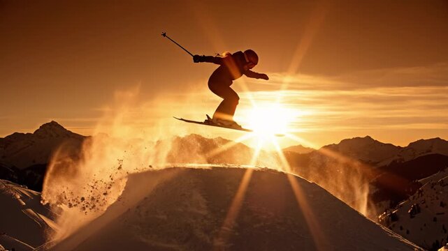 Silhouette of a skier performing a high jump against a bright orange sunset sky. The scene conveys freedom, adrenaline, and winter sports excitement. Perfect for travel or sport ads.