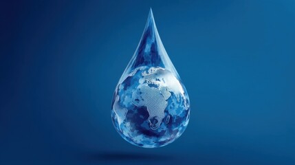 Fototapeta premium A large translucent blue teardrop contains a stylized Earth with continents and oceans,