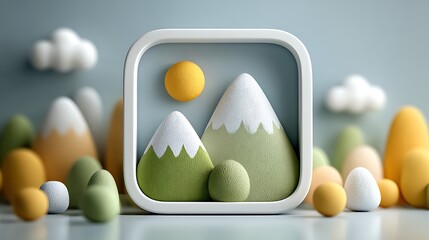 Miniature Landscape Icon with Mountains and Sun Keywords: icon, landscape, mountains, sun