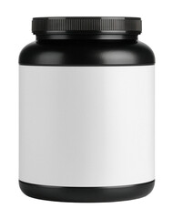 Matte Black Supplement Jar with Large Blank White Label for Protein Powder Mockup Isolated on Transparent Background