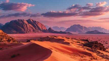 Fototapeta premium Majestic Desert Landscape - A Breathtaking Sunset Over Sand Dunes and Mountains.