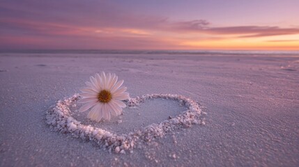 A single white daisy centered in a heart-shaped sand outline on a beach at sunset with pinkish-purple clouds and orange 