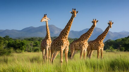 Fototapeta premium Majestic Giraffes Stroll Across the African Savanna Under a Clear Blue Sky, a Beautiful Scene.