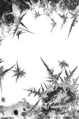 Black and white sketch and engraving style illustration of frost pattern with sharp ice crystals and texture