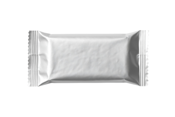 Horizontal silver foil candy bar wrapper mockup for snacks or biscuits with crimped edges and realistic metallic texture isolated on transparent background