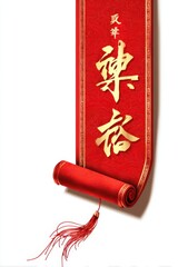 Traditional red New Year banner scroll with golden Chinese calligraphy and tassel on white background