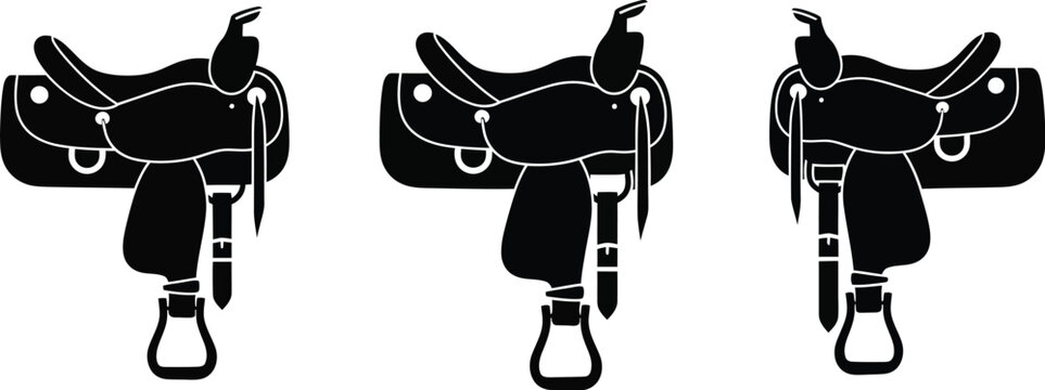 Three western horse saddle illustrations black and white on transparent background silhouette