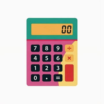 A colorful cartoon calculator with a green top and pink body
