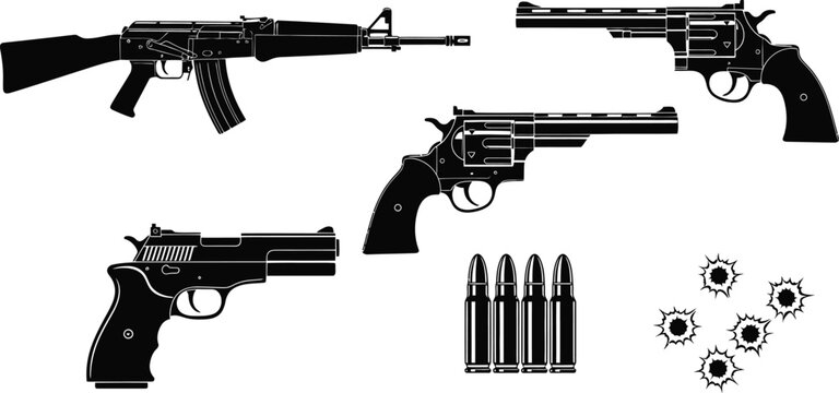 Black firearms collection with ammunition and bullet holes on transparent background silhouette