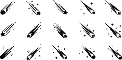 Collection of shooting stars with trails and sparkles on transparent background silhouette © IMkM00i76