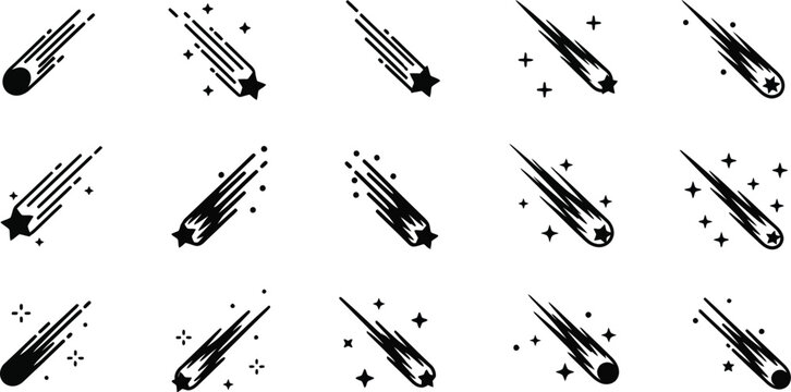 Collection of shooting stars with trails and sparkles on transparent background silhouette