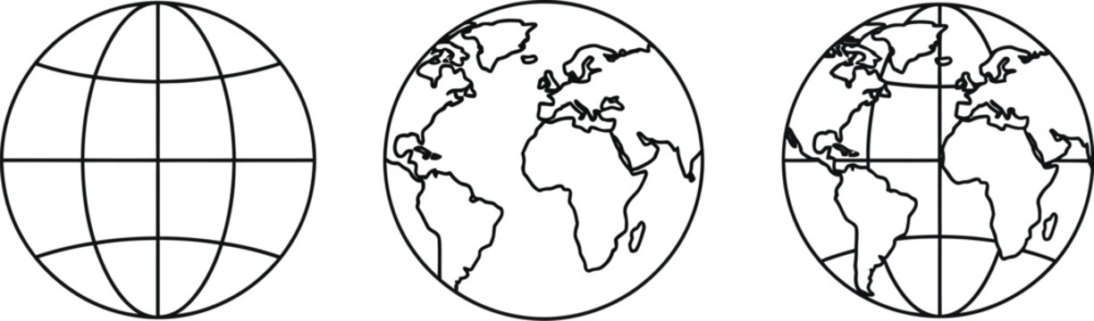 Three globe illustrations with continents and meridians on transparent background silhouette