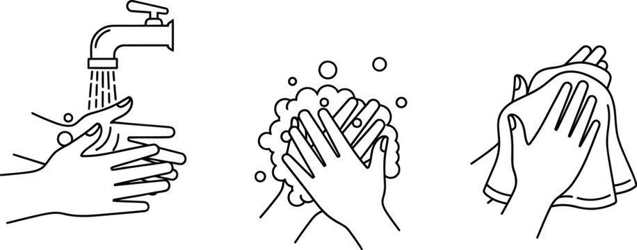 Hand washing steps illustration with water soap and towel on transparent background silhouette
