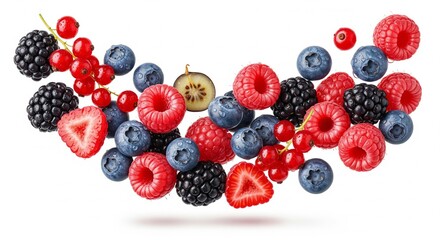 Floating Mixed Berries Collection Realistic Isolated on Transparent Background, Fresh Berry Fruits PNG