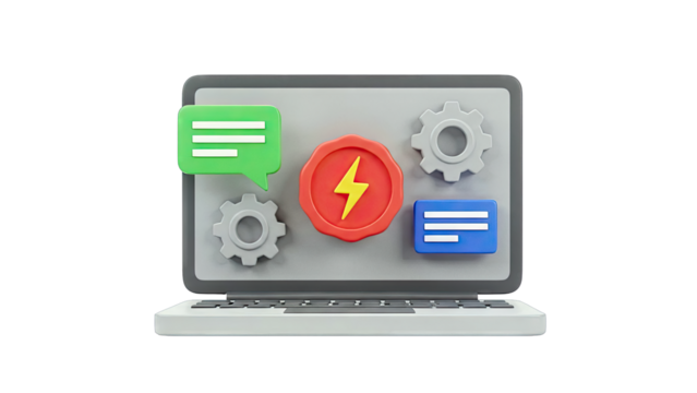 3D Laptop with Communication and Settings Icons - Powered by Adobe