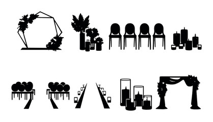 Wedding decor silhouettes: arches, aisles, chairs, candles, greenery, floral arrangements