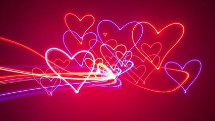 Colorful neon heart light trails on a vibrant red background, creating a romantic glowing design