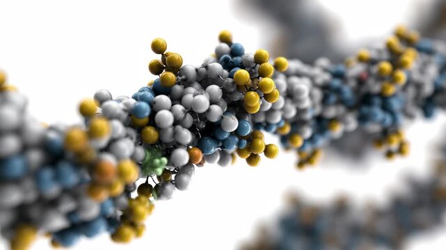 3d rendering of a complex protein or polymer chain structure with colored atoms, 4k video