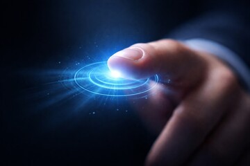 Human Finger Touching Futuristic Digital Interface – Advanced Technology Touch Concept.