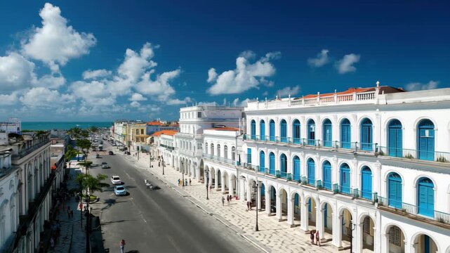 Historic white colonial buildings with blue accents along a seaside avenue under a bright blue sky with clouds, 4k video