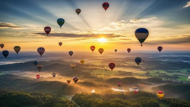 Hot air balloons float over a serene landscape at dawn, creating a beautiful scene for travel