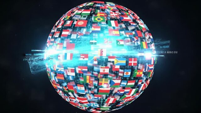 Global unity illustrated with national flags forming a digital sphere with vibrant light streaks