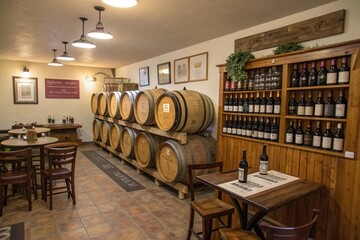A wine cellar with a bar and a dining area