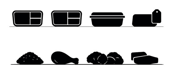 Silhouette of food items on shelves: containers, vegetables, chicken, cheese, meat