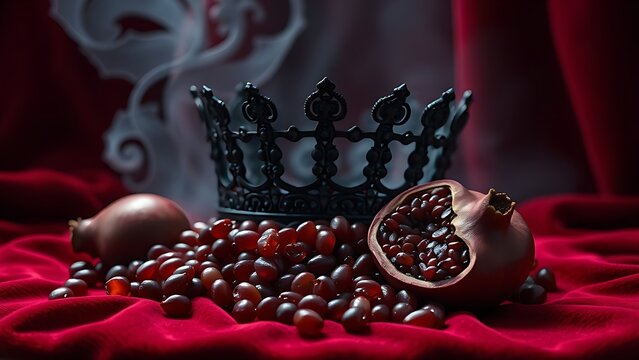 infamy. Obsidian crown and pomegranate seeds on crimson velvet in dramatic lighting. event programs, museum guides, designed for cultural heritage projects and event programs.
