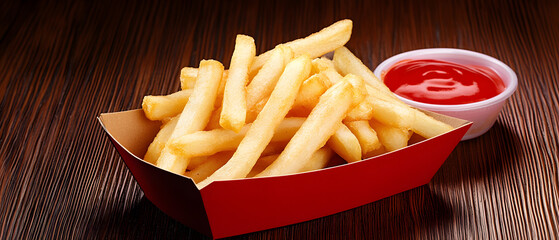 Delicious golden french fries in a cardboard tray.