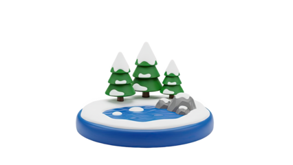Cartoon winter scene with snow-capped trees and a pond