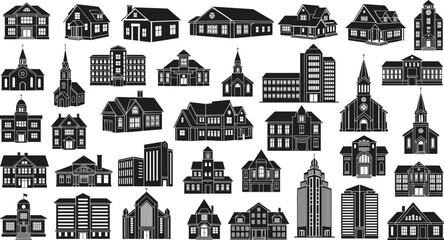 Obraz premium Collection of black silhouette building icons featuring diverse architectural styles including churches, schools, offices, and residential structures for design use.