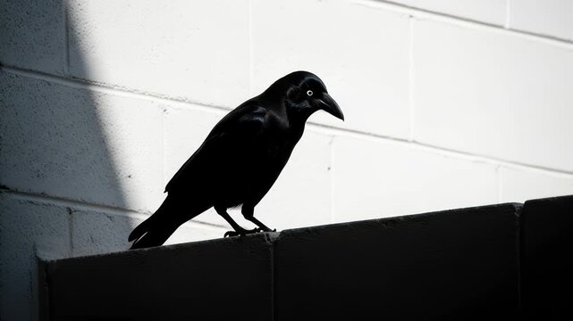 Captivating raven sequence perched against contrasting textured wall, bathed in alternating light