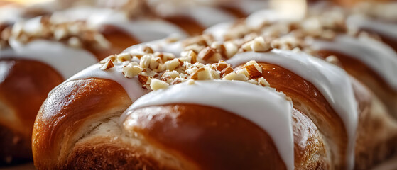 Freshly baked twisted bread loaves coated with chopped nuts.