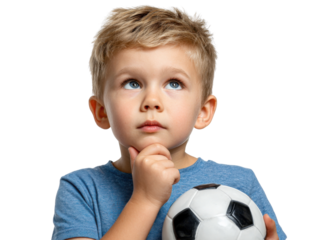 Young Boy Contemplating Football: A curious young boy gazes upward, hand on his chin, lost in thought as he clutches a football, envisioning the thrill of the game and the potential for triumph.