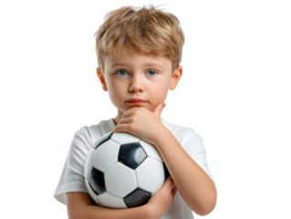 Young Football Enthusiast: A thoughtful young child holds a football, embodying the passion, dreams, and aspirations of a young player.