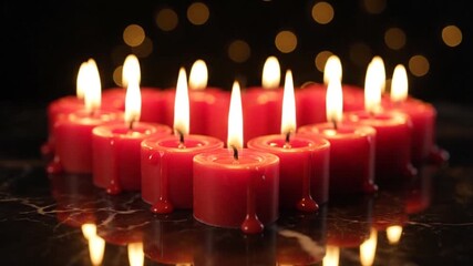 Vibrant red candles illuminate a serene dark setting, their collective light fostering a sense of warmth and peaceful reflection, perfect for contemplative moments