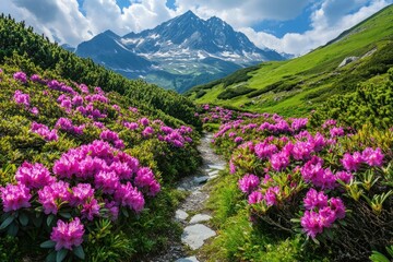 Fototapeta premium A picturesque landscape featuring a winding path through vibrant pink rhododendron bushes, leading to a majestic mountain range under a clear blue sky.