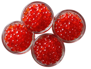 Crimson Caviar Delight: A close-up view of four glass ramekins brimming with vibrant red caviar, promising a taste of luxury and gourmet pleasure.
