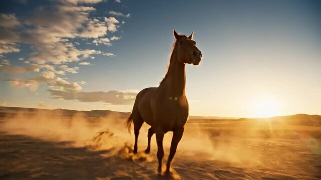 Graceful brown horse gallops across dry land toward the setting sun in golden hour light with blowing dust
